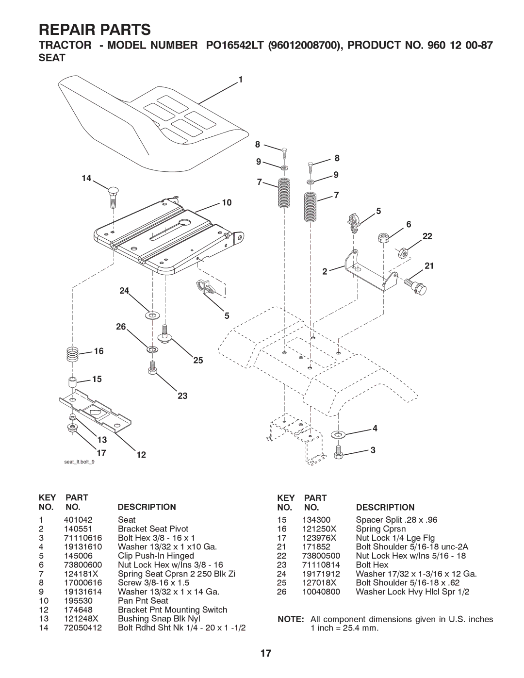 Poulan 96012008700, 960 12 00-87 manual Seat 