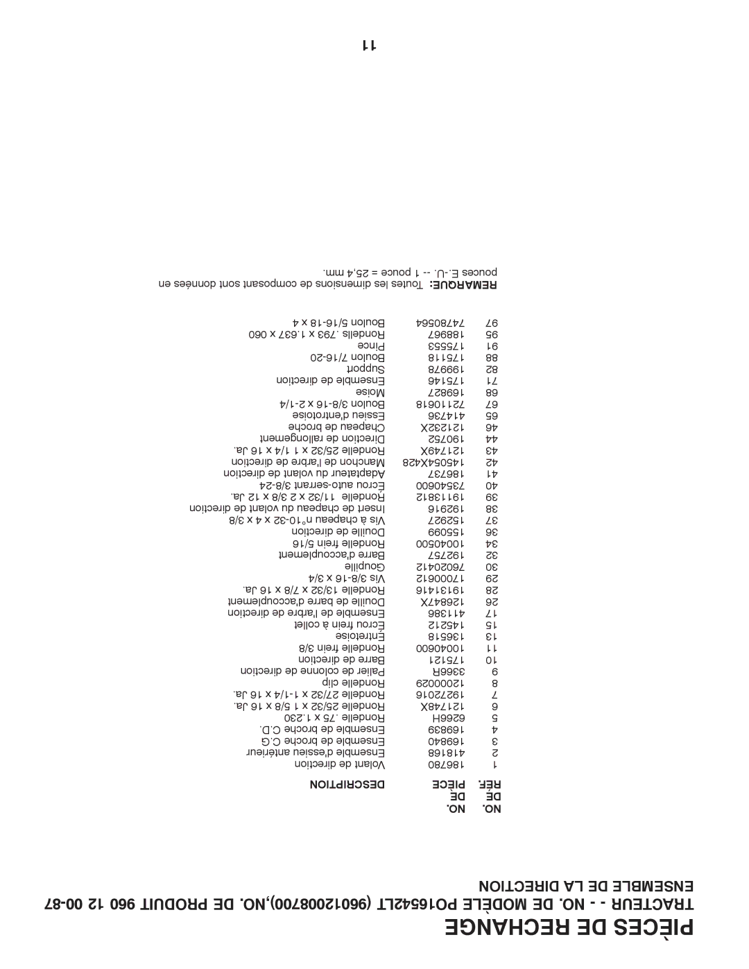 Poulan 960 12 00-87, 96012008700 manual Mm 25,4 = pouce 1 -- .U-.E pouces 