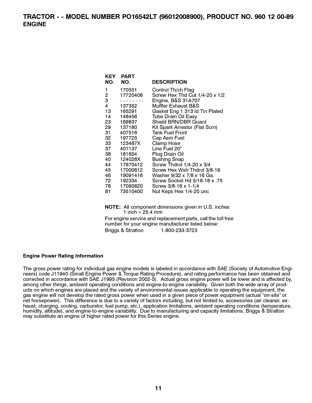 Poulan 96012008900, 960 12 00-89 manual Engine Power Rating Information 