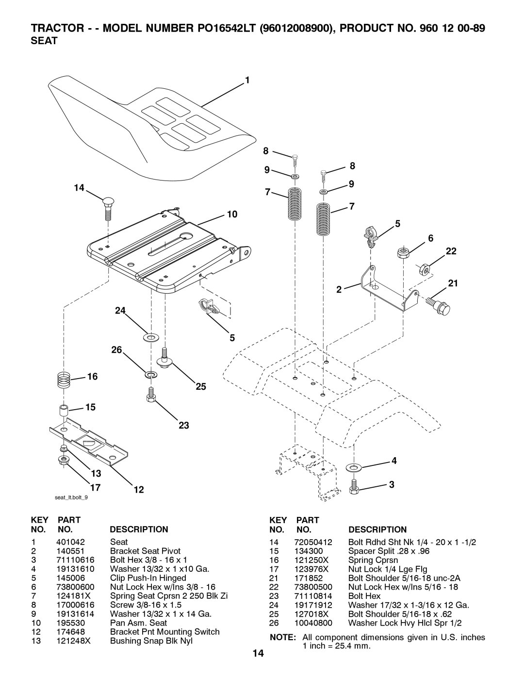 Poulan 960 12 00-89, 96012008900 manual Seat 