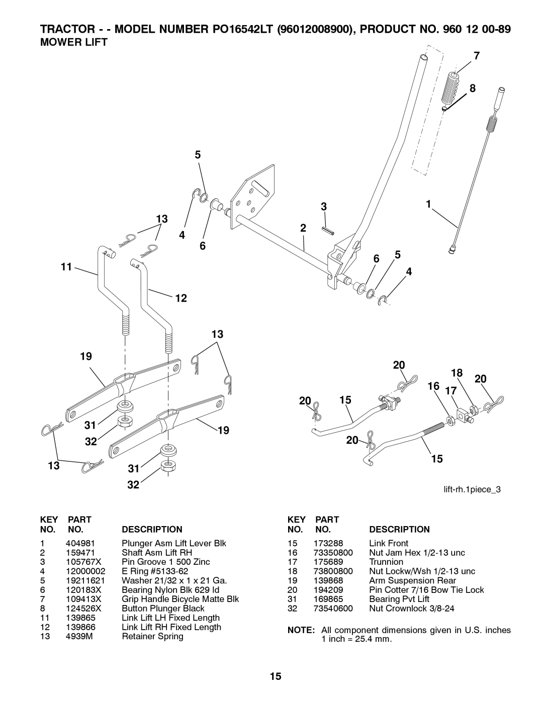 Poulan 96012008900, 960 12 00-89 manual Mower Lift 