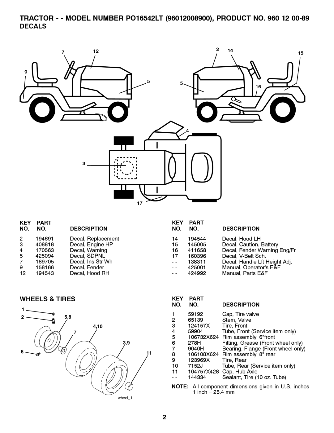 Poulan 960 12 00-89 manual Tractor - Model Number PO16542LT 96012008900, Product no 12 