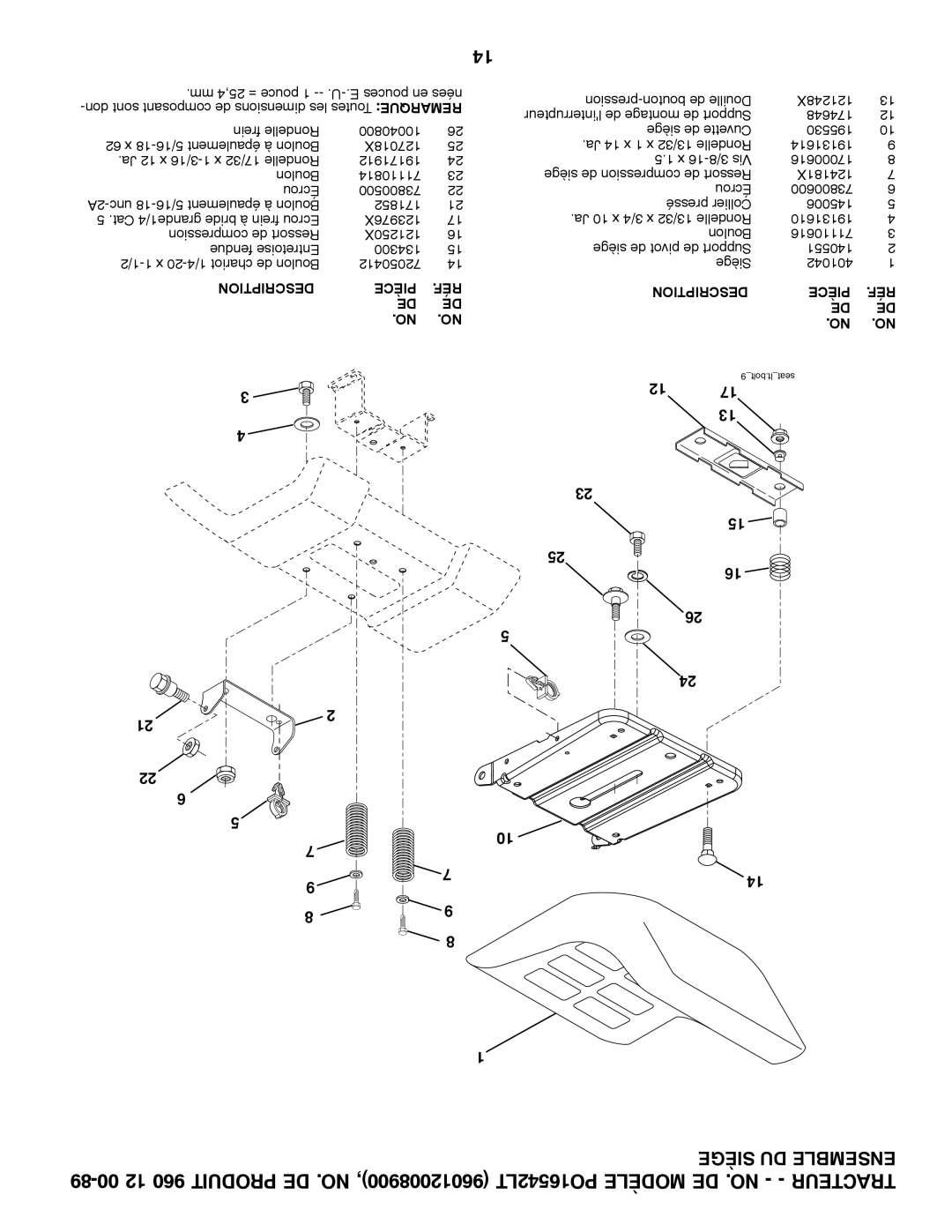 Poulan 96012008900, 960 12 00-89 manual Siège DU Ensemble 