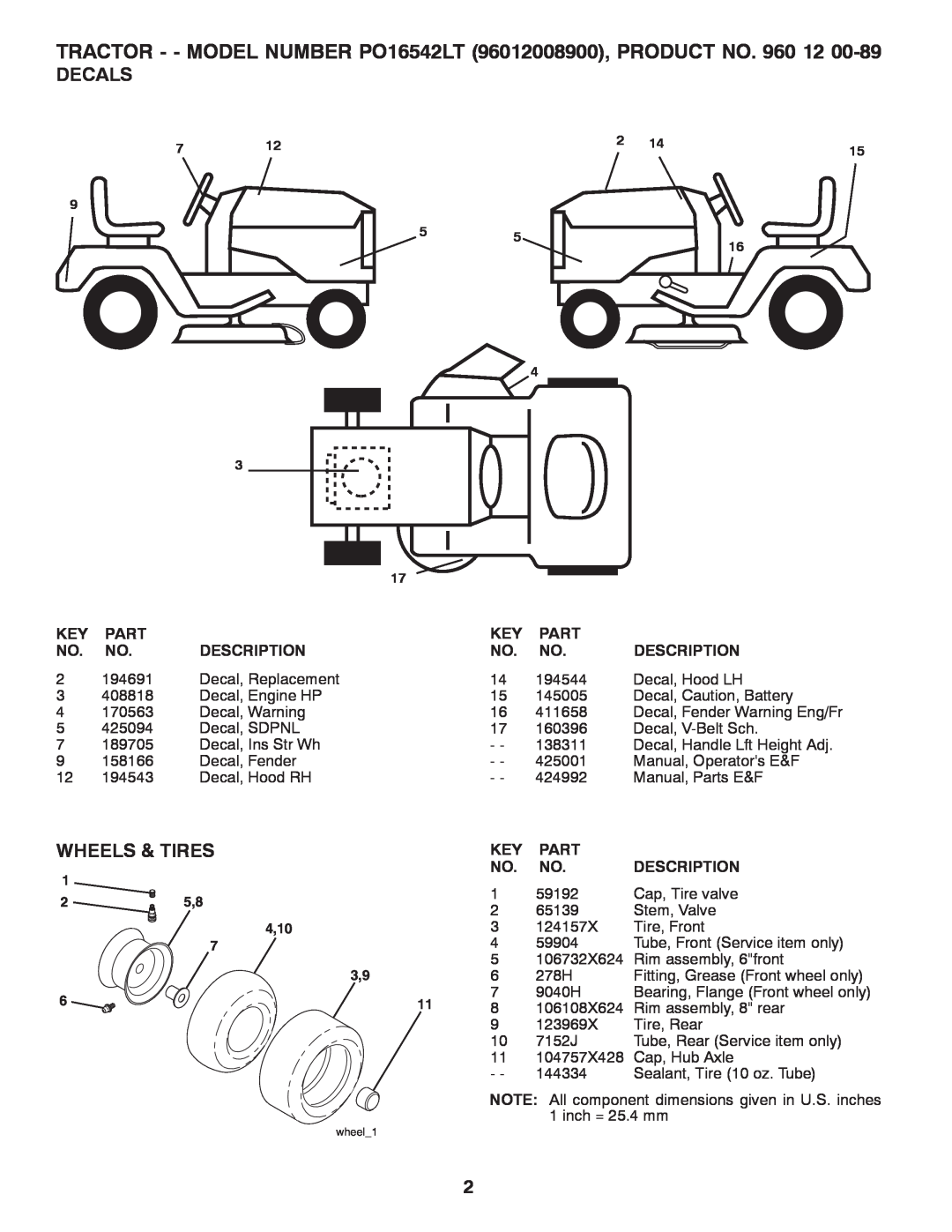 Poulan 960 12 00-89 TRACTOR - - MODEL NUMBER PO16542LT 96012008900, PRODUCT NO, Decals, Wheels & Tires, Part, Description 