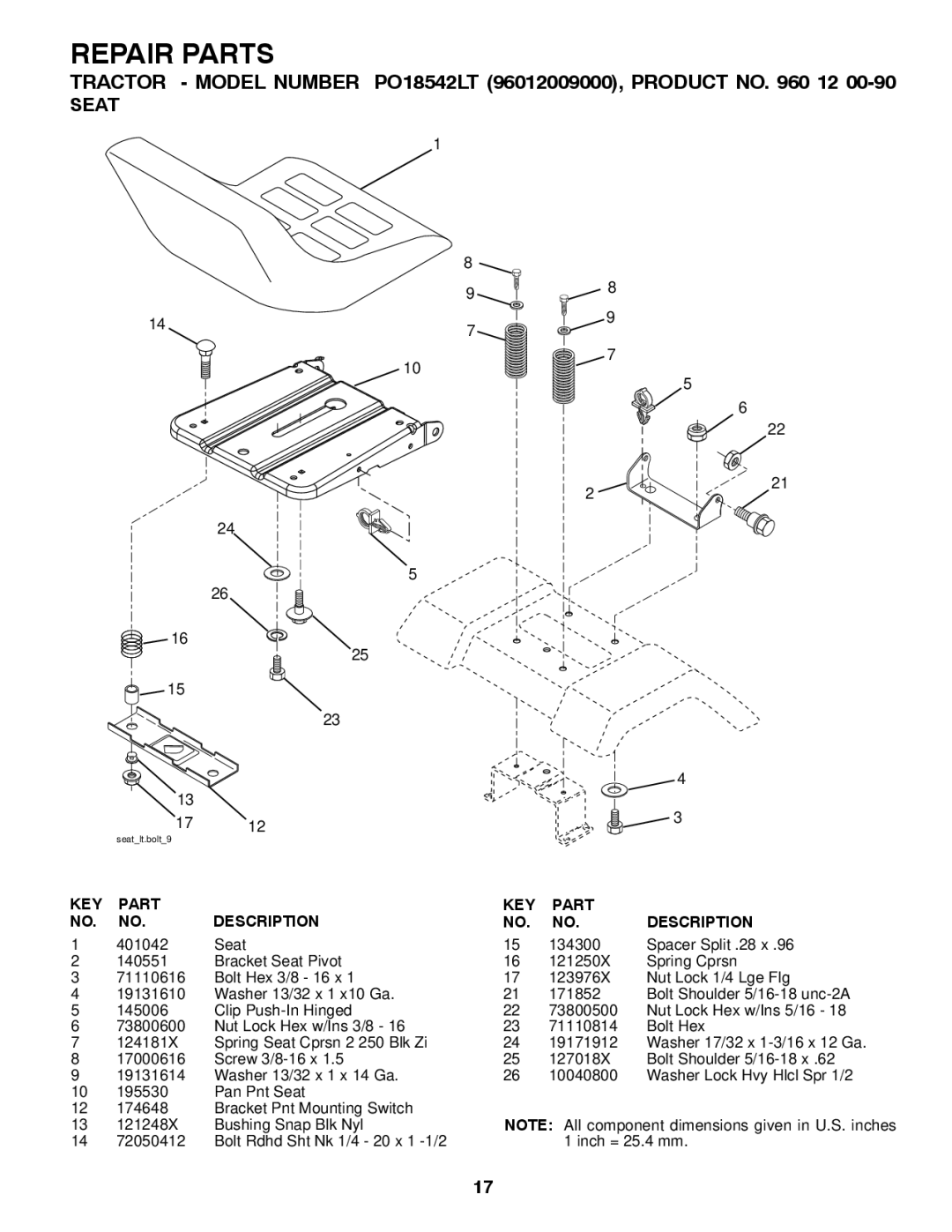 Poulan 960 12 00-90 manual Seat 