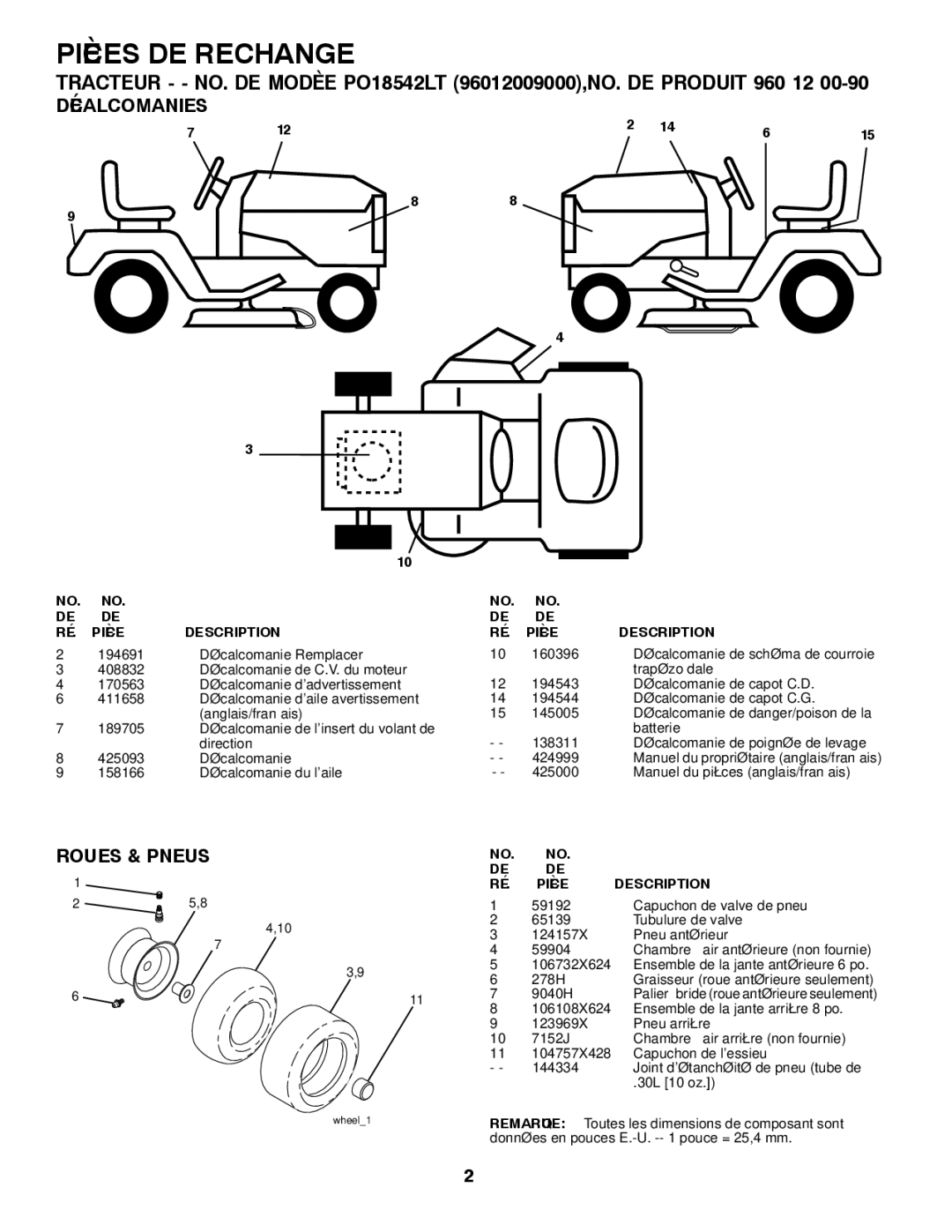 Poulan 960 12 00-90 manual Pneus & Roues 