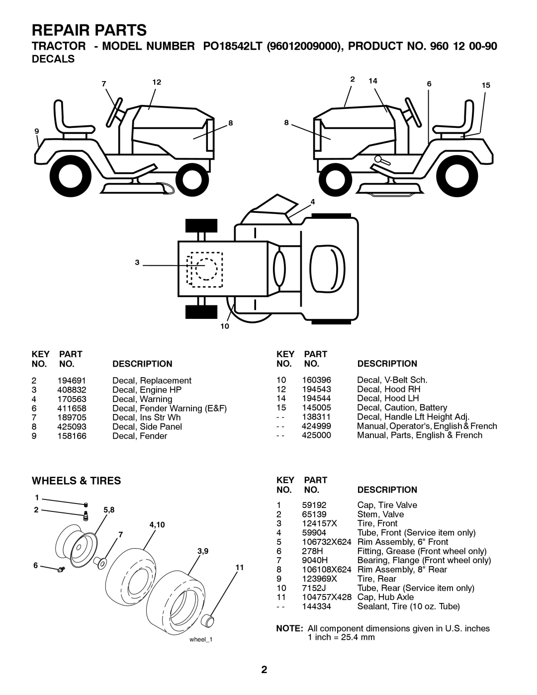 Poulan 960 12 00-90 Repair Parts, TRACTOR - MODEL NUMBER PO18542LT 96012009000, PRODUCT NO. 960, Decals, Wheels & Tires 