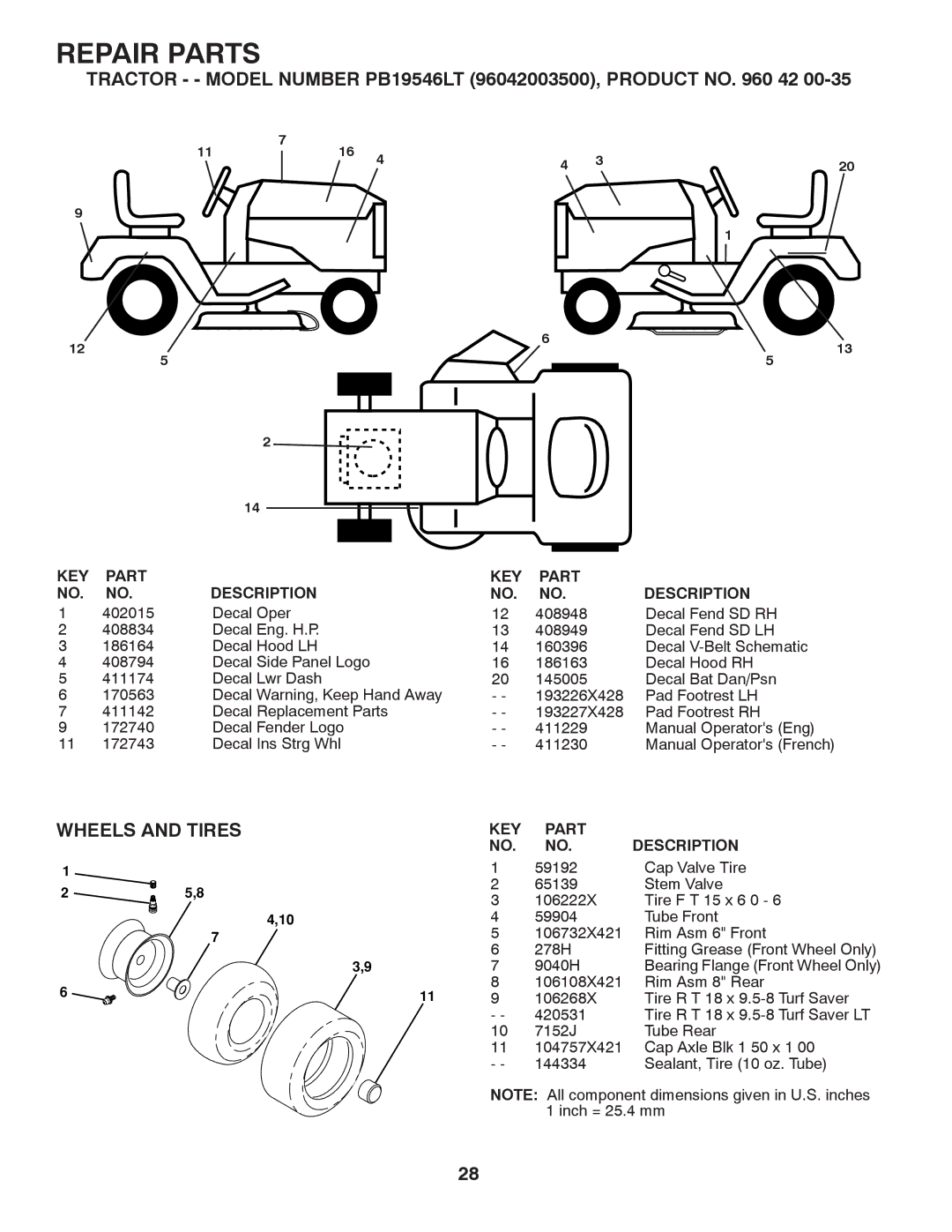 Poulan 960 42 00-35 Tractor - Model Number PB19546LT 96042003500, Product no 42, Wheels and Tires, KEY Part Description 