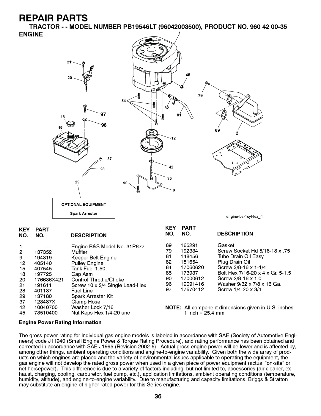 Poulan 960 42 00-35, 96042003500 manual Engine 