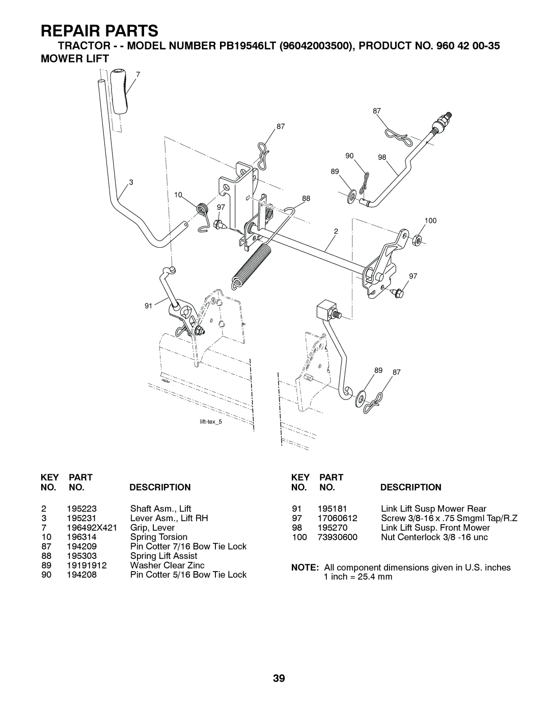 Poulan 96042003500, 960 42 00-35 manual Mower Lift 