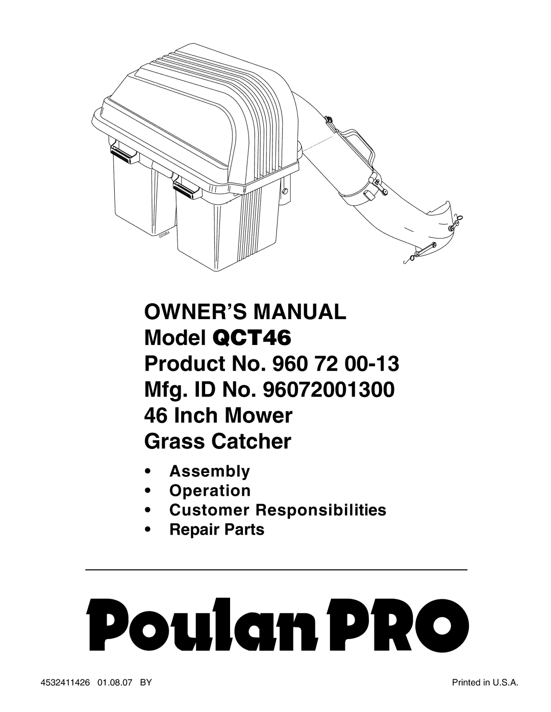 Poulan 960 72 00-13 owner manual Assembly Operation Customer Responsibilities Repair Parts 