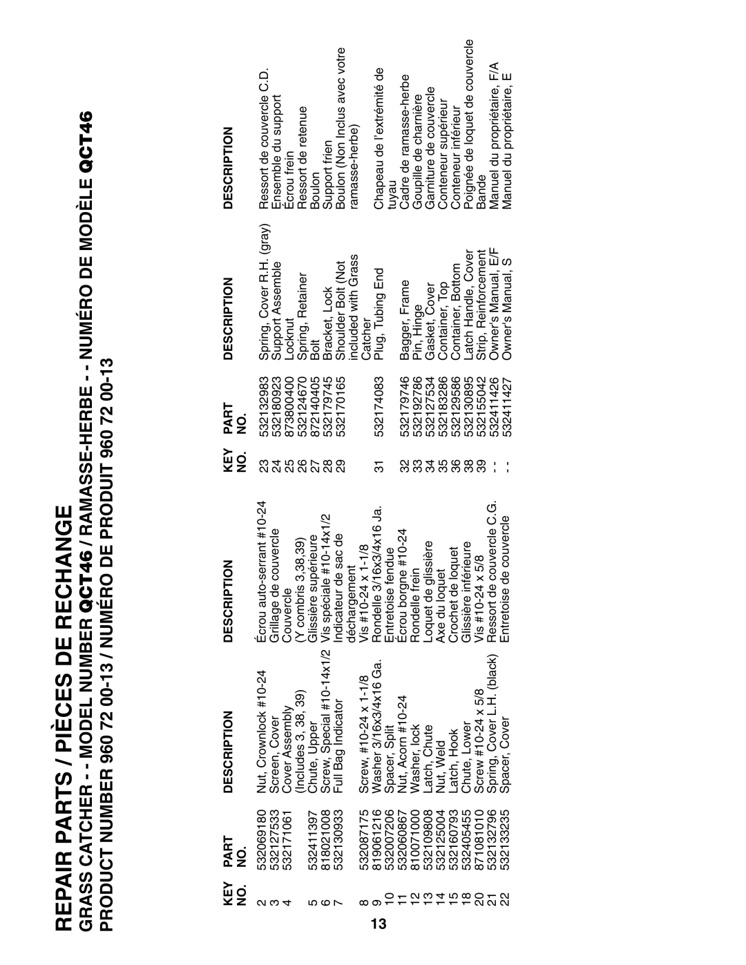 Poulan 960 72 00-13 owner manual Repair Parts / Pièces DE Rechange, KEY Part Description 