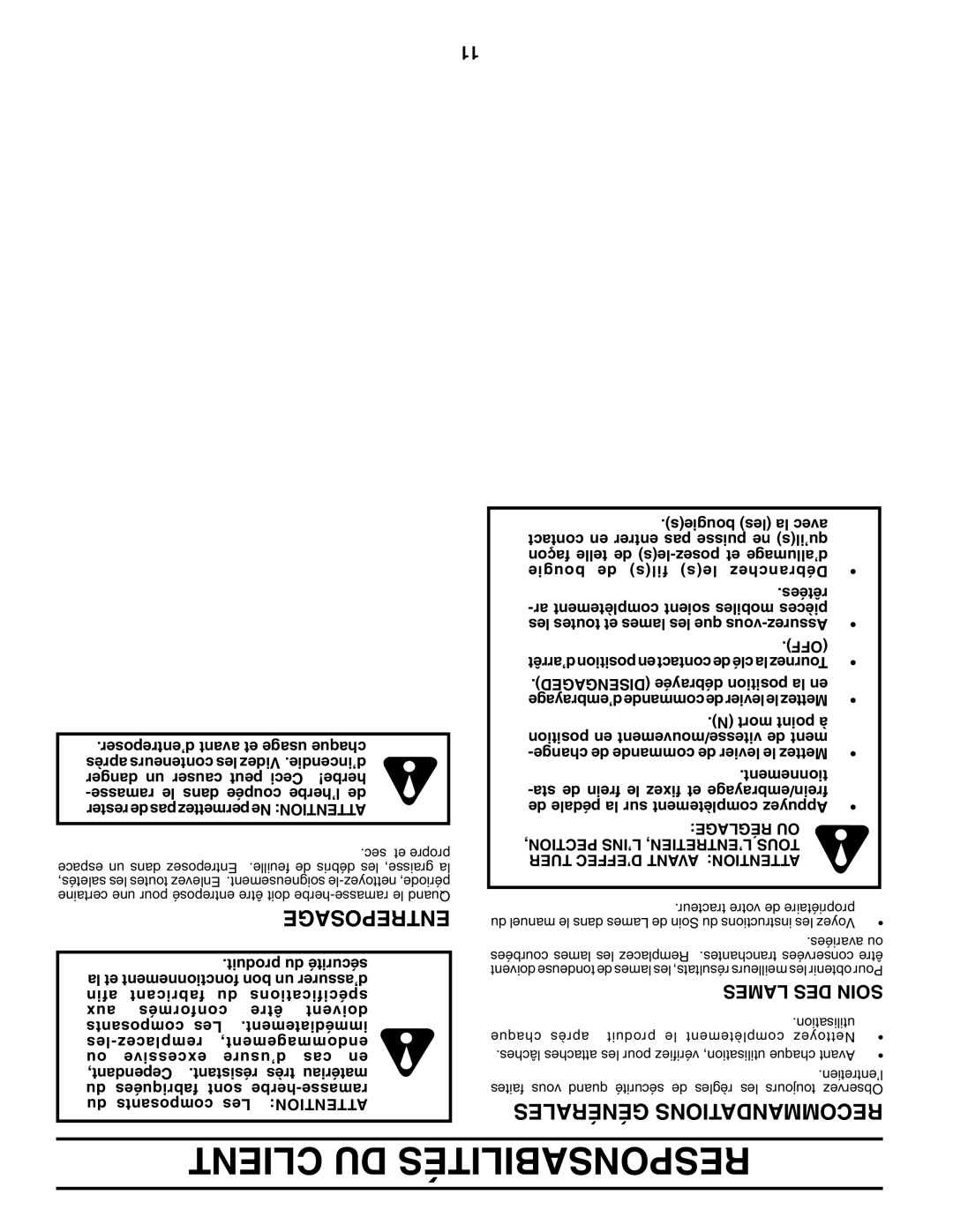 Poulan 960 72 00-13 Client DU Responsabilités, Lames DES Soin, Faites vous quand sécurité de règles les toujours Observez 