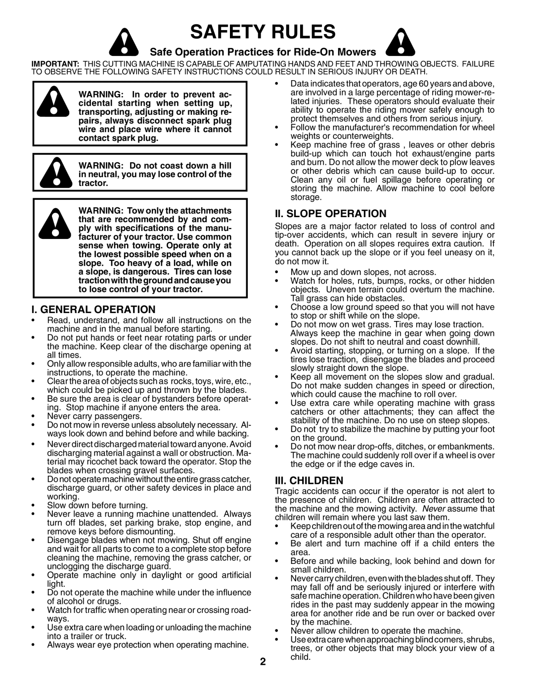 Poulan 960 72 00-13 Safe Operation Practices for Ride-On Mowers, General Operation, II. Slope Operation, III. Children 