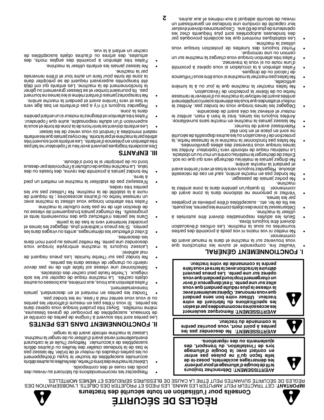 Poulan 960 72 00-13 owner manual Enfants, Pentes LES Dans Fonctionnement, Général Fonctionnement 