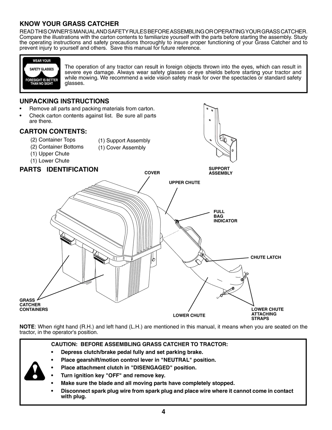 Poulan 960 72 00-13 owner manual Know Your Grass Catcher, Unpacking Instructions, Carton Contents, Parts Identification 