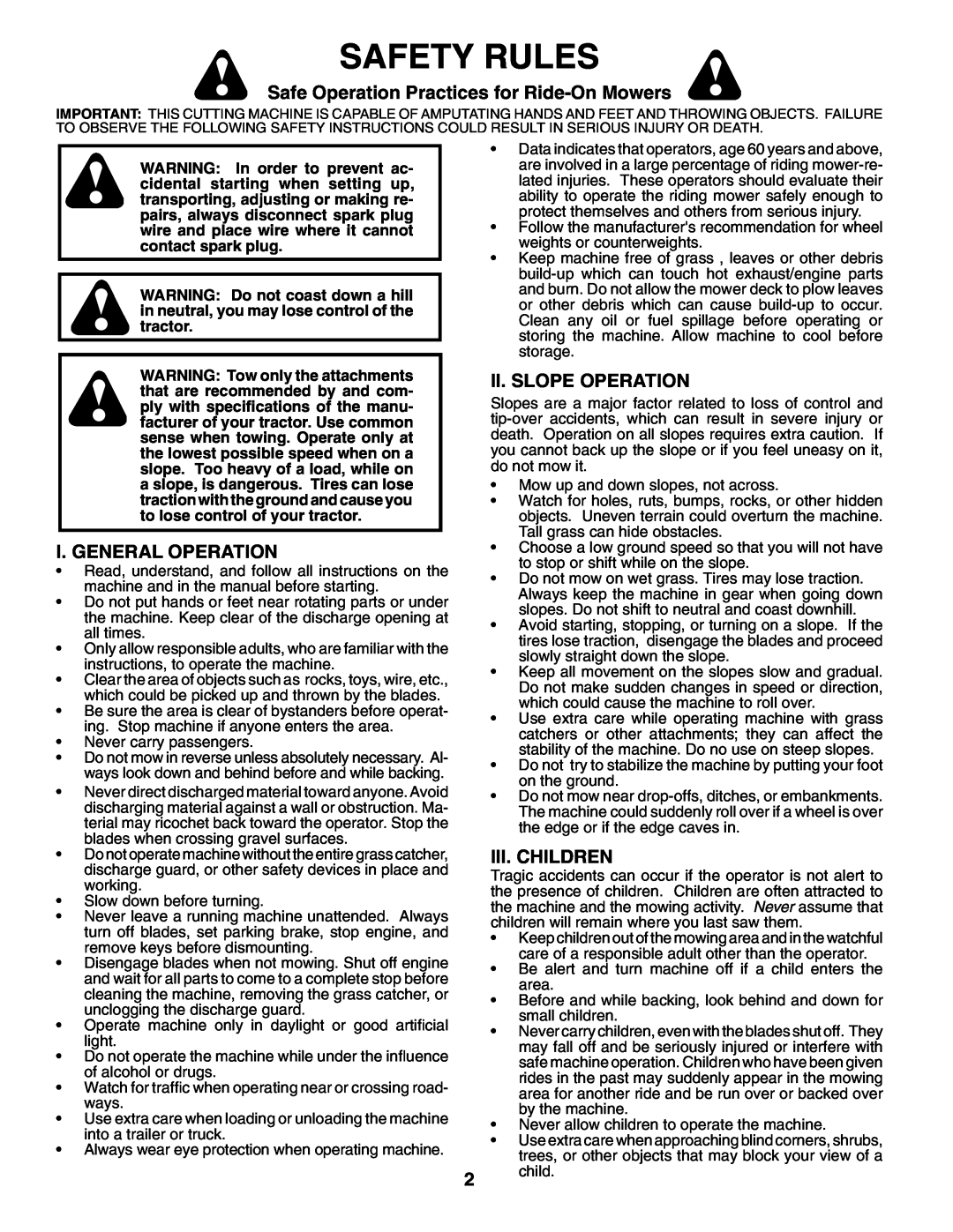 Poulan 960 72 00-13 Safety Rules, Safe Operation Practices for Ride-OnMowers, I. General Operation, Ii. Slope Operation 