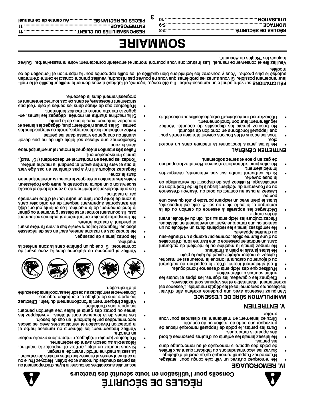 Poulan 960 72 00-13 owner manual Sommaire, Sécurité De Règles, Entretien, Remorquage 