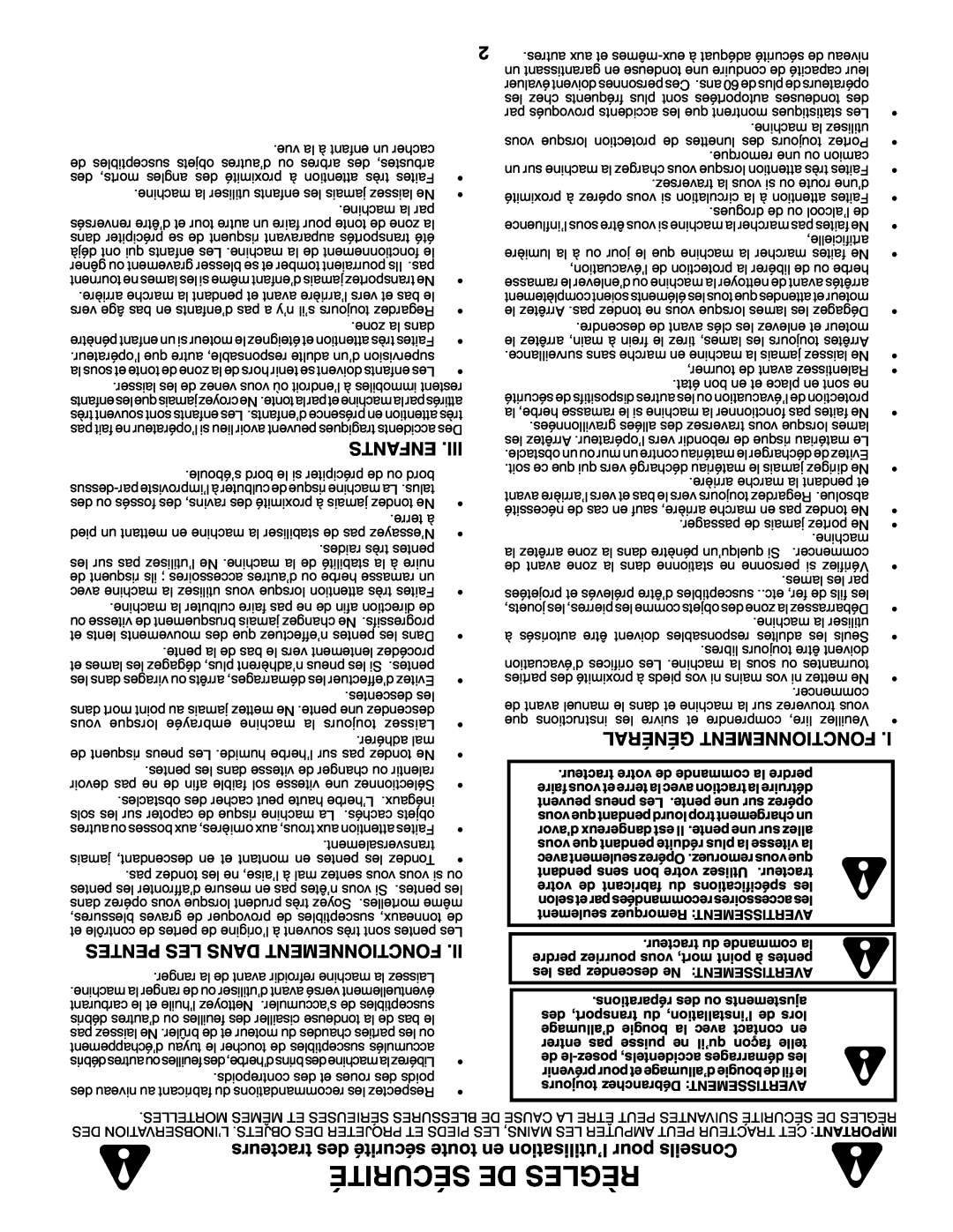 Poulan 960 72 00-13 owner manual Enfants, Pentes Les Dans Fonctionnement, Général Fonctionnement, Sécurité De Règles 