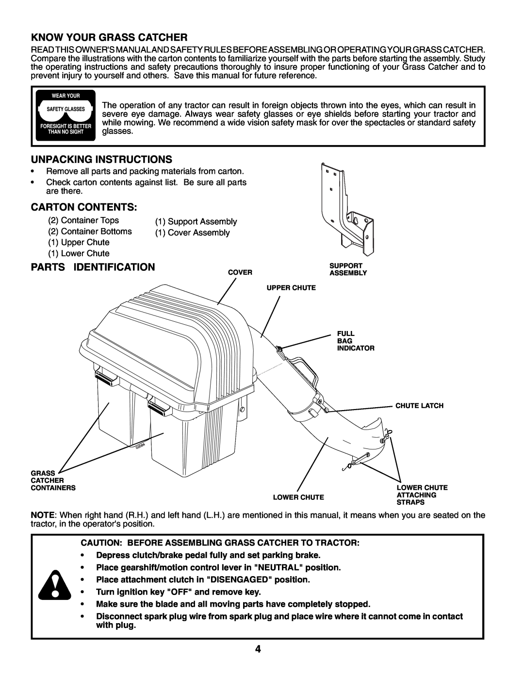 Poulan 960 72 00-13 owner manual Know Your Grass Catcher, Unpacking Instructions, Carton Contents, Parts Identification 