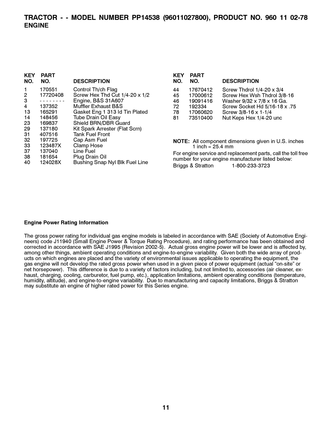 Poulan 96011027800 manual Engine Power Rating Information 