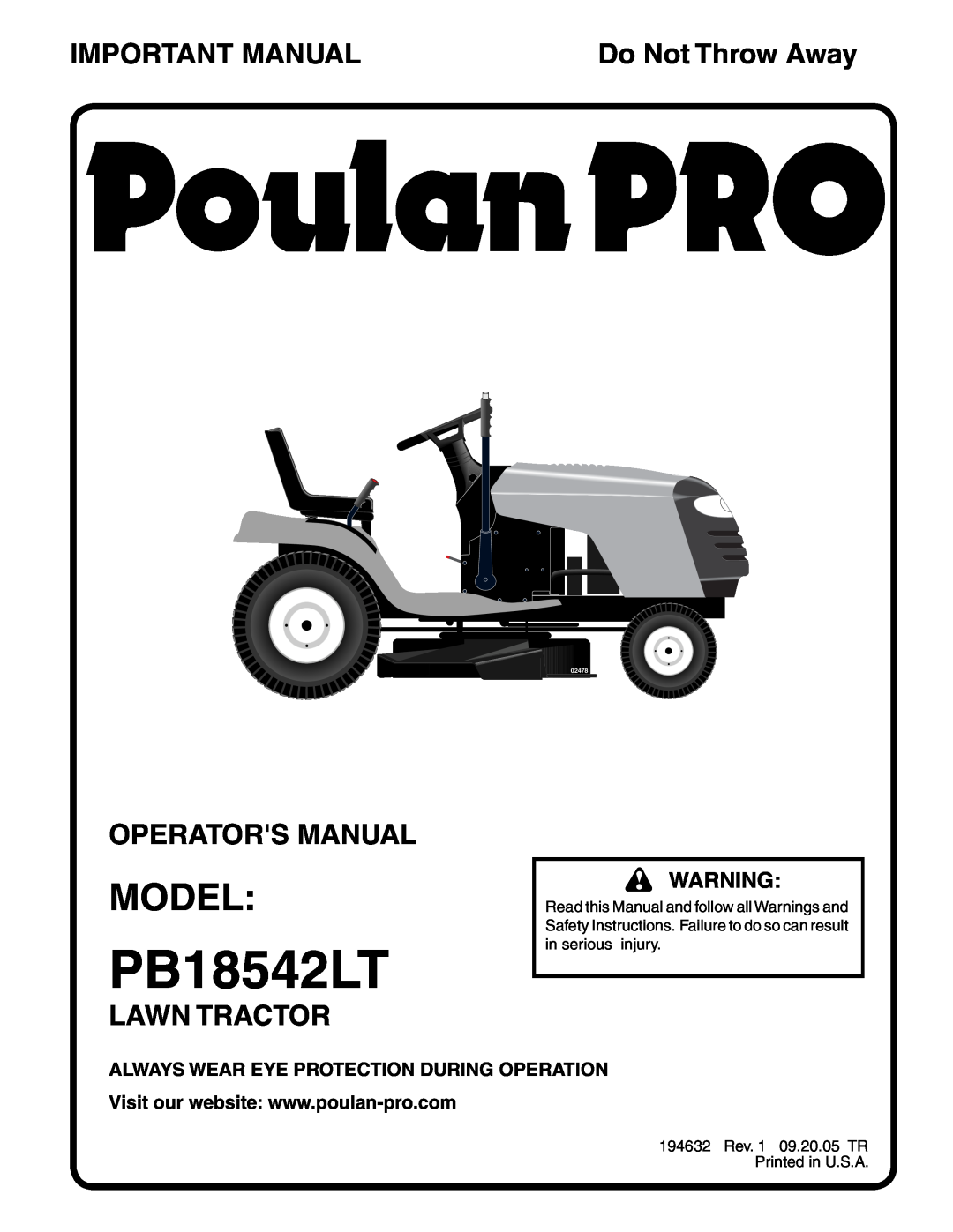 Poulan 960120003 manual Model, Important Manual, Operators Manual, Lawn Tractor, PB18542LT, Do Not Throw Away, 02478 
