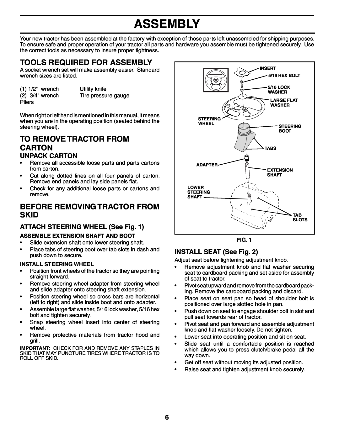 Poulan 960120003 manual Tools Required For Assembly, To Remove Tractor From Carton, Before Removing Tractor From Skid 