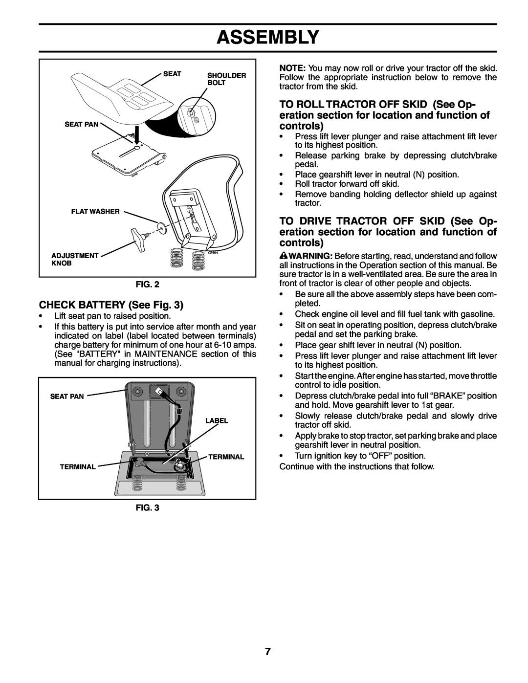 Poulan 960120003 manual CHECK BATTERY See Fig, Assembly 