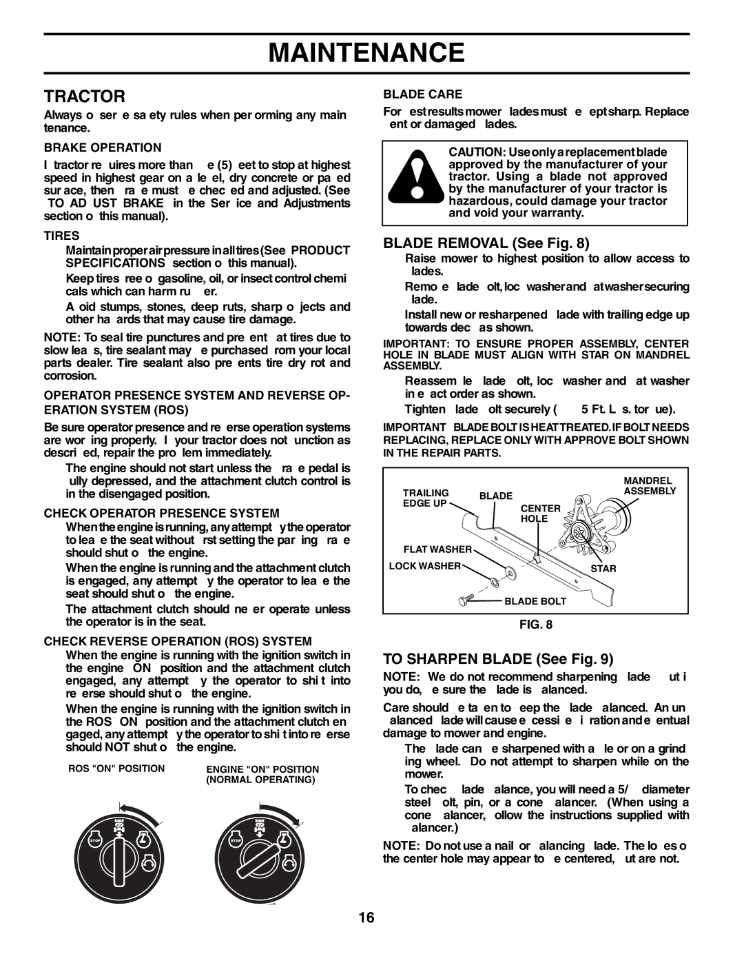 Poulan 96012004500 manual Tractor, Blade Removal See Fig, To Sharpen Blade See Fig 