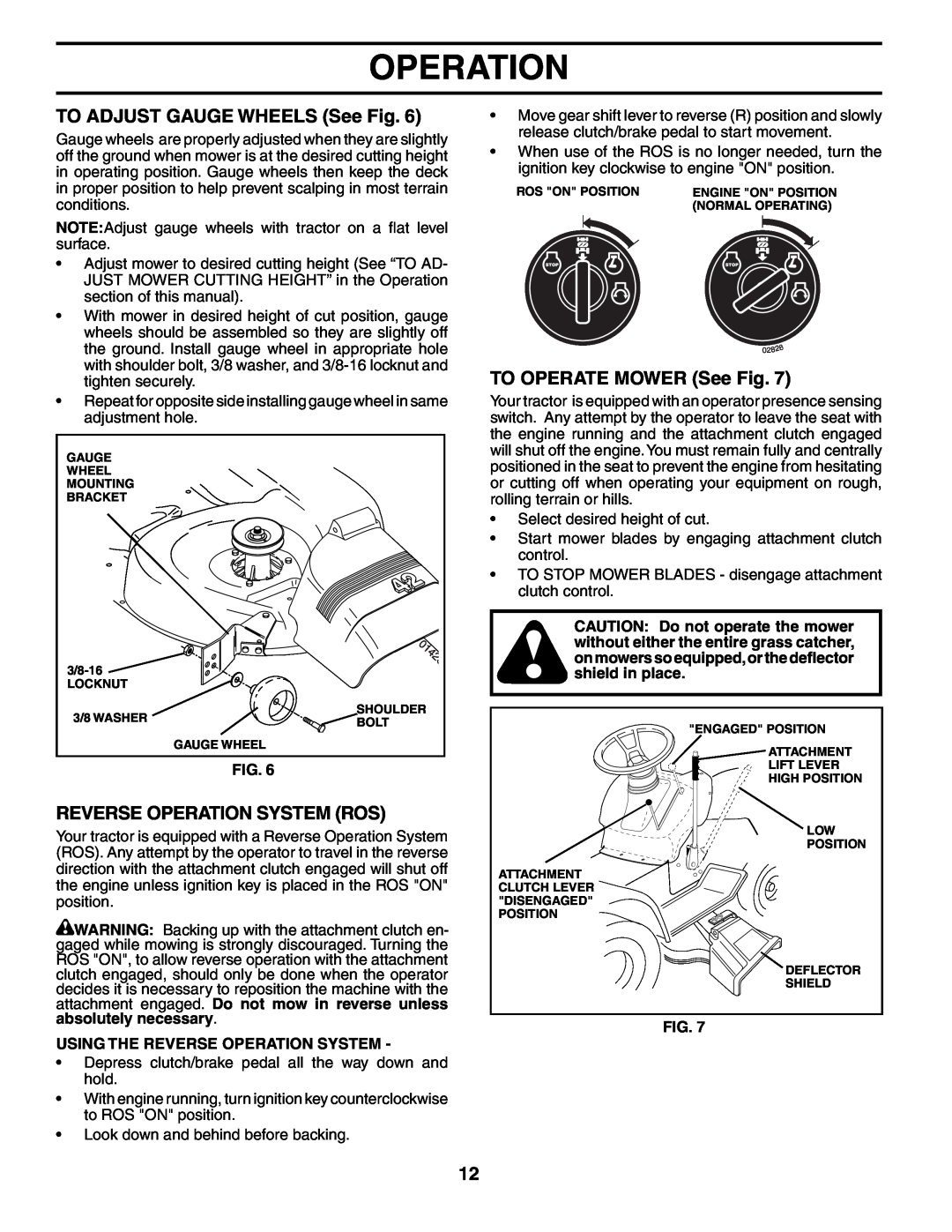 Poulan 96012004600, 401115 manual TO ADJUST GAUGE WHEELS See Fig, Reverse Operation System Ros, TO OPERATE MOWER See Fig 