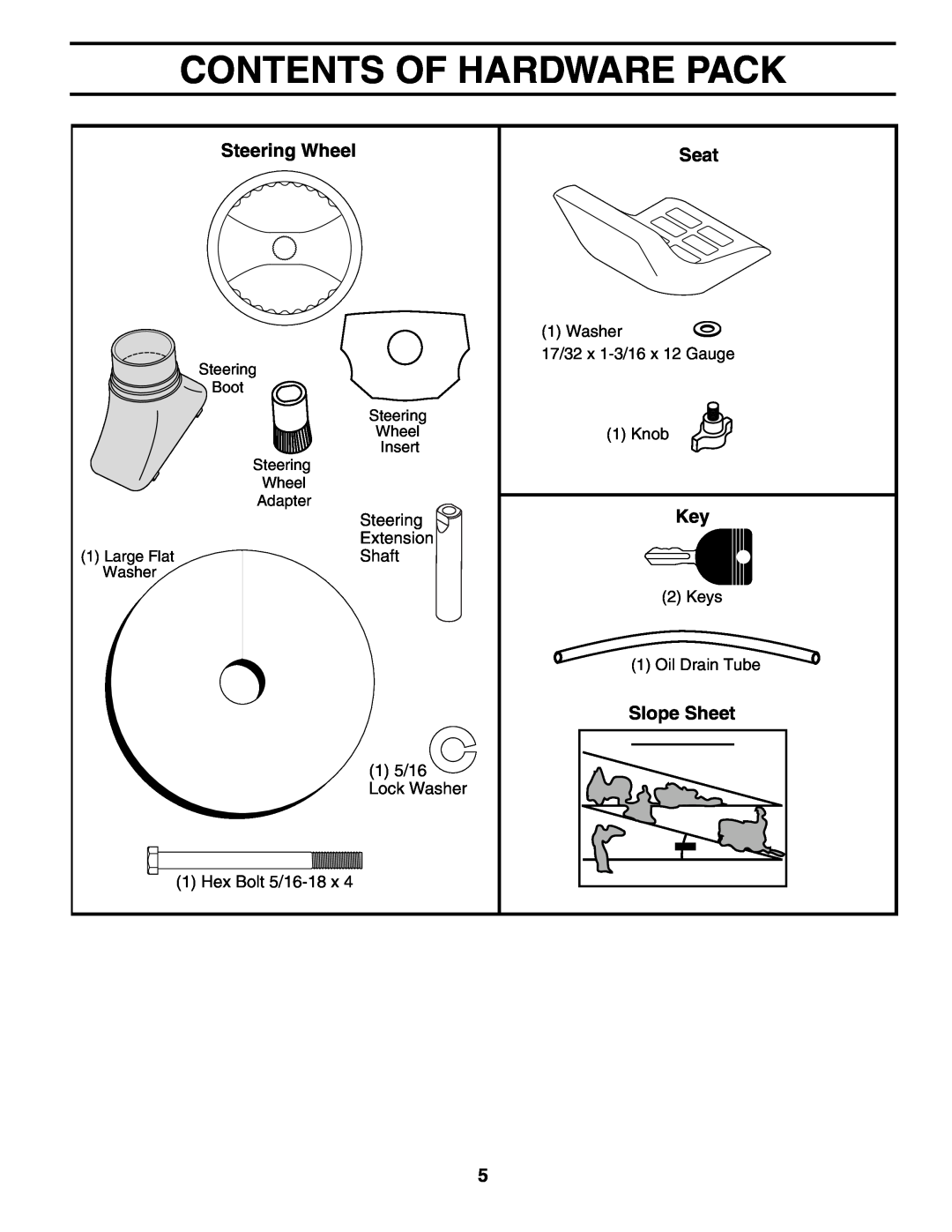 Poulan 401115, 96012004600 manual Contents Of Hardware Pack, Steering Wheel, Seat, Slope Sheet 