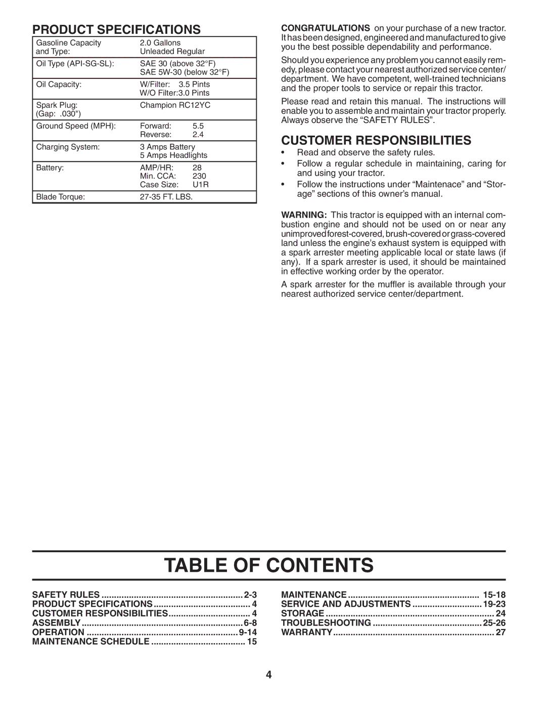 Poulan 96012004701, 402559 manual Table of Contents 