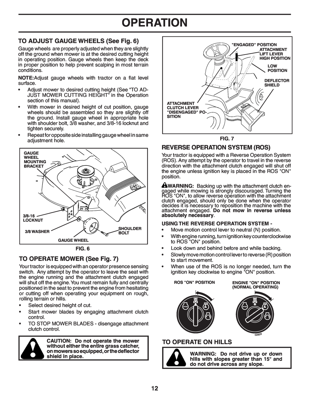 Poulan 96012004701, 402559 manual TO ADJUST GAUGE WHEELS See Fig, TO OPERATE MOWER See Fig, Reverse Operation System Ros 