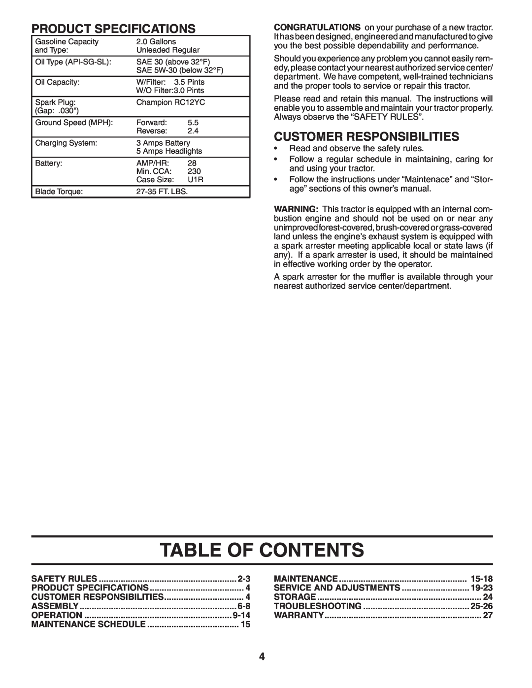 Poulan 96012004701, 402559 Table Of Contents, Product Specifications, Customer Responsibilities, 9-14, 15-18, 19-23, 25-26 