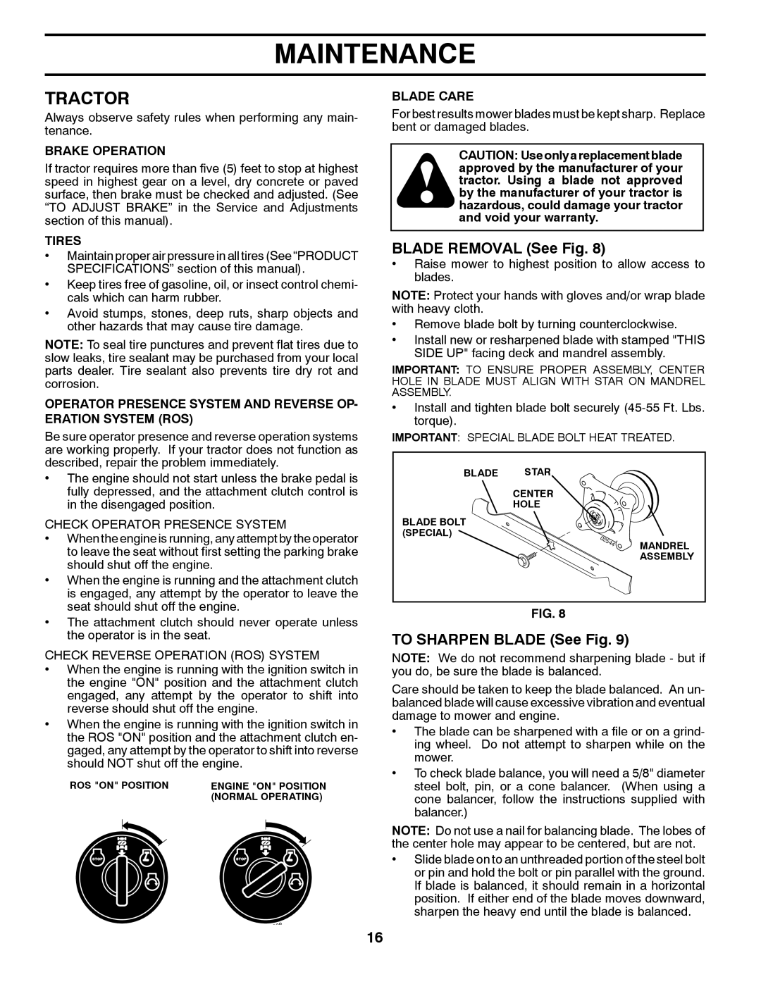 Poulan 960120068 manual Tractor, Blade Removal See Fig, To Sharpen Blade See Fig 