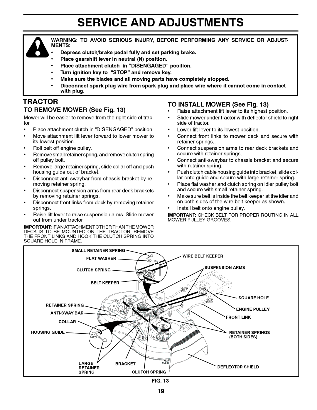 Poulan 960120068 manual To Remove Mower See Fig, To Install Mower See Fig 