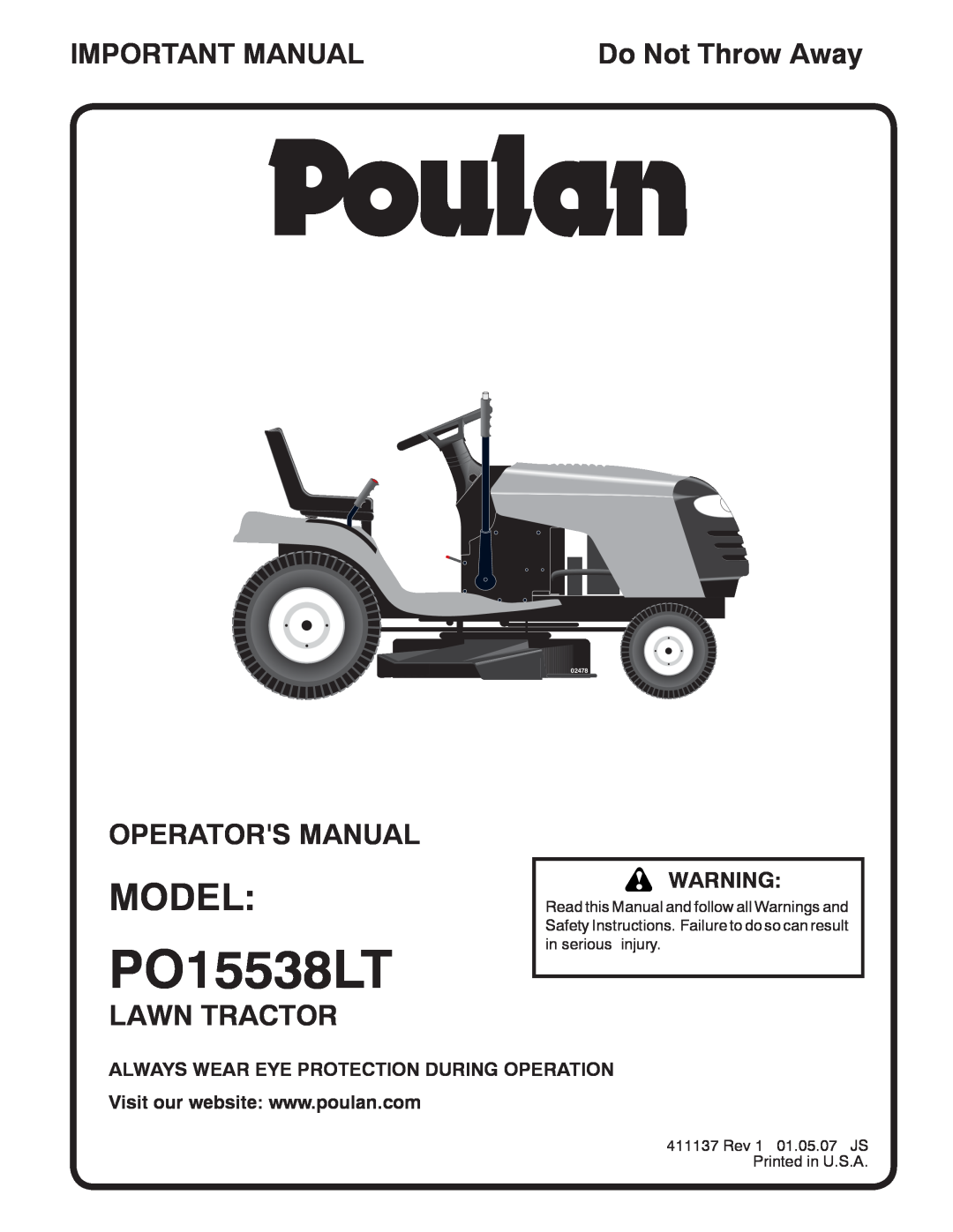 Poulan 960120068 manual Model, Important Manual, Operators Manual, Lawn Tractor, Do Not Throw Away, PO15538LT, 02478 