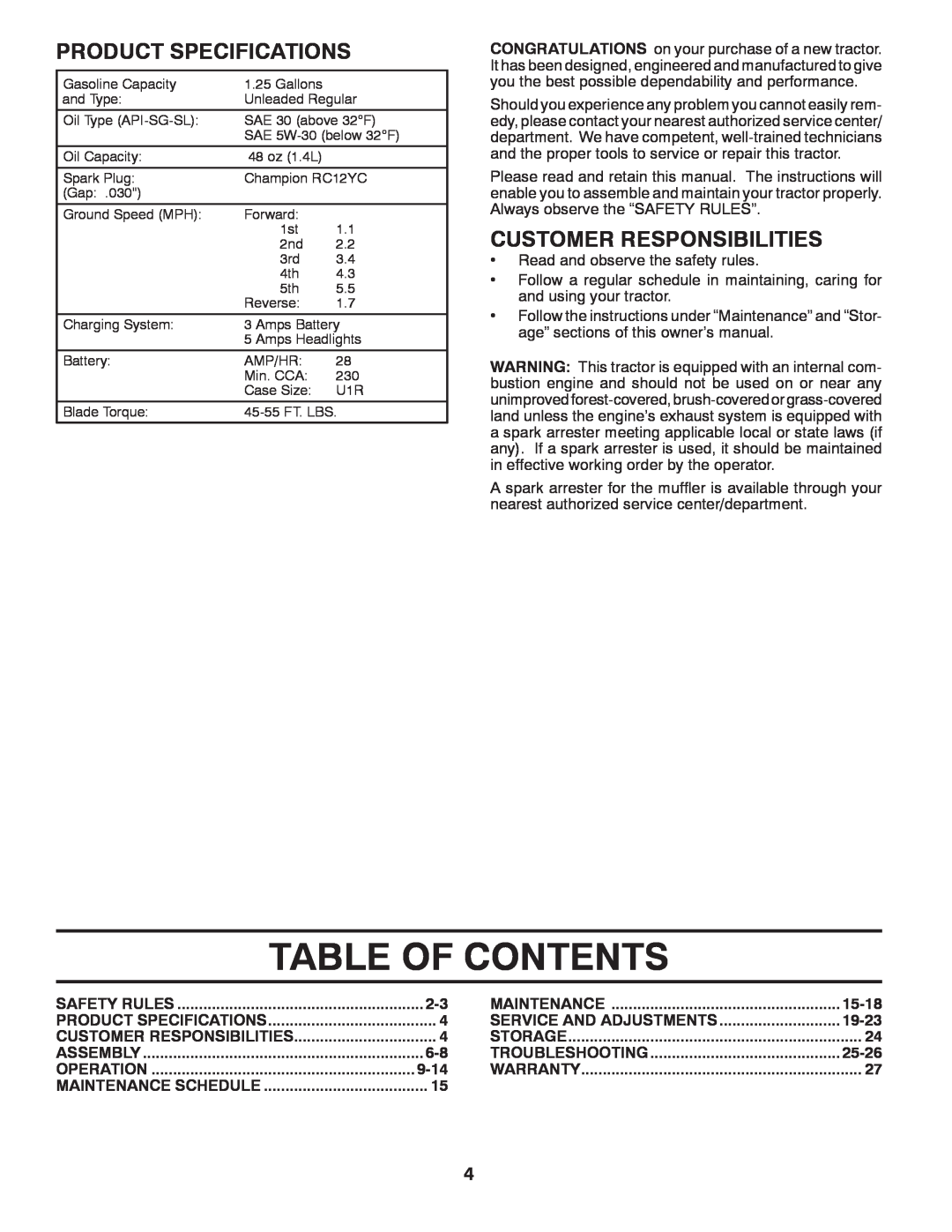Poulan 960120068 manual Table Of Contents, Product Specifications, Customer Responsibilities 