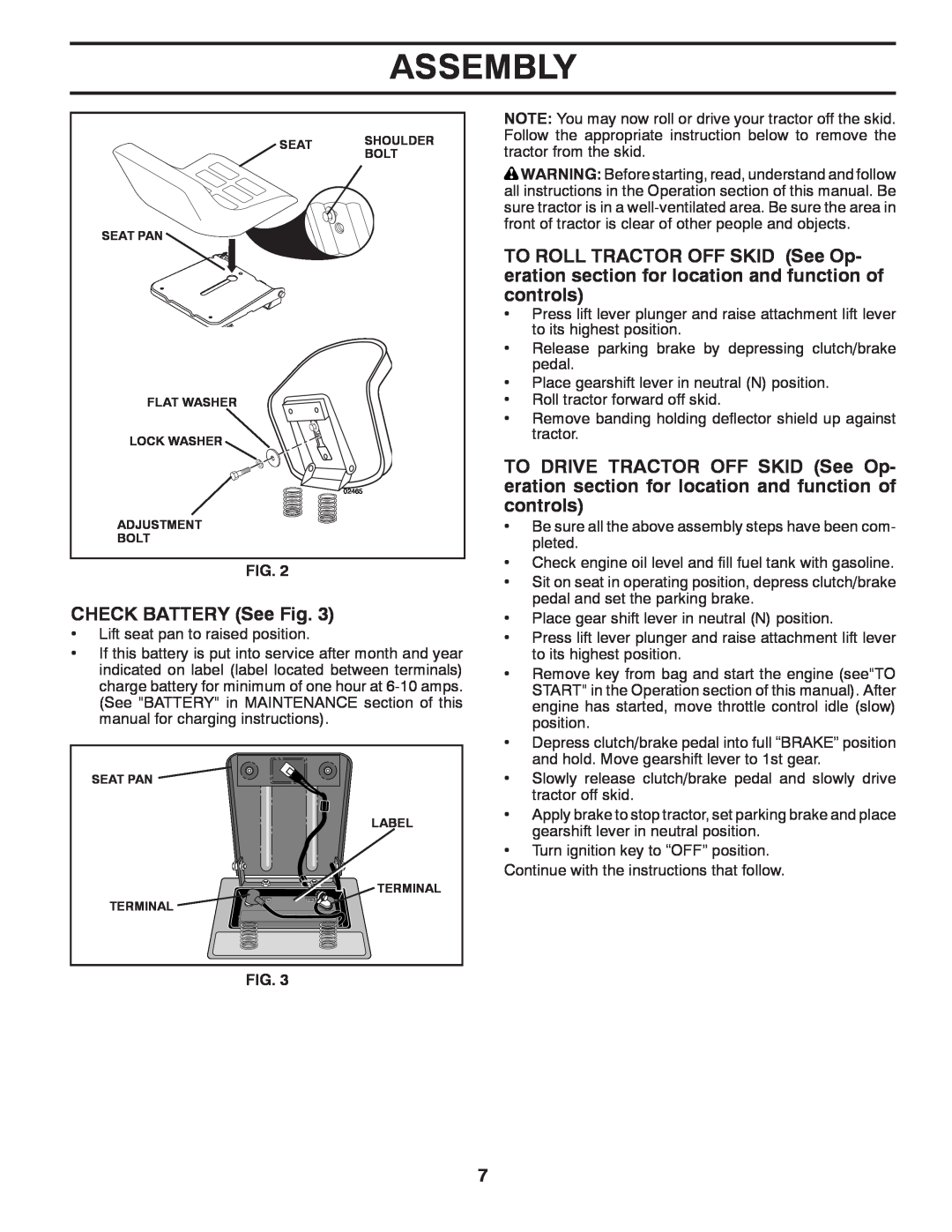 Poulan 960120068 manual CHECK BATTERY See Fig, Assembly 