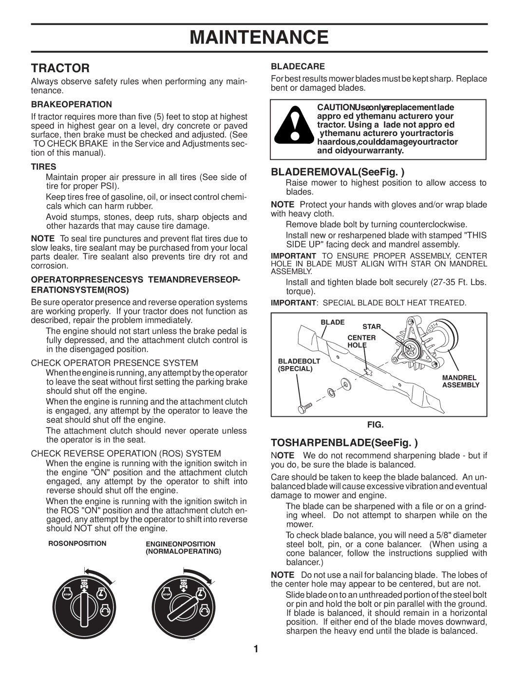 Poulan 96012006802, 414754 manual Tractor, Blade Removal See Fig, To Sharpen Blade See Fig 