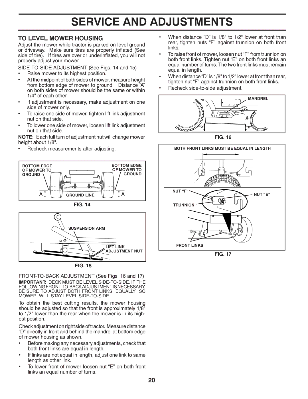 Poulan 96012006802, 414754 manual To Level Mower Housing, FRONT-TO-BACK Adjustment See Figs 