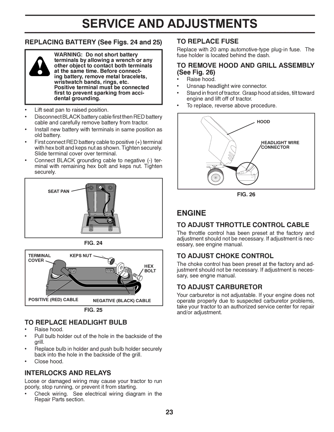 Poulan 414754 manual To Replace Headlight Bulb, Interlocks and Relays, To Replace Fuse, To Adjust Throttle Control Cable 