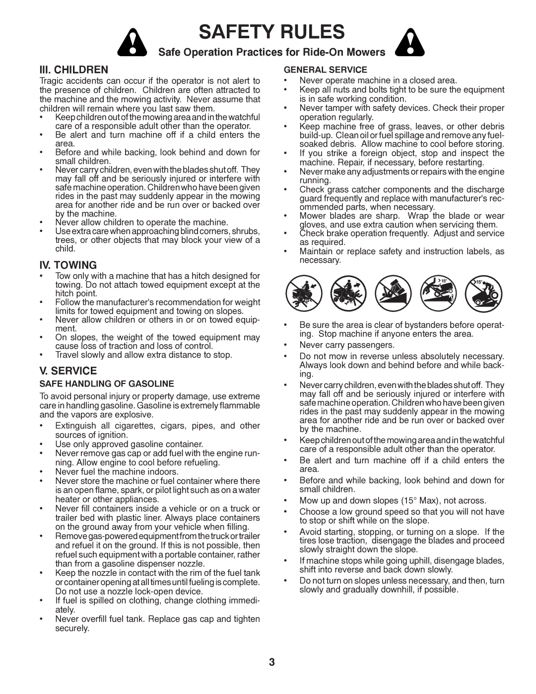 Poulan 414754, 96012006802 manual III. Children, IV. Towing, Safe Handling of Gasoline, General Service 