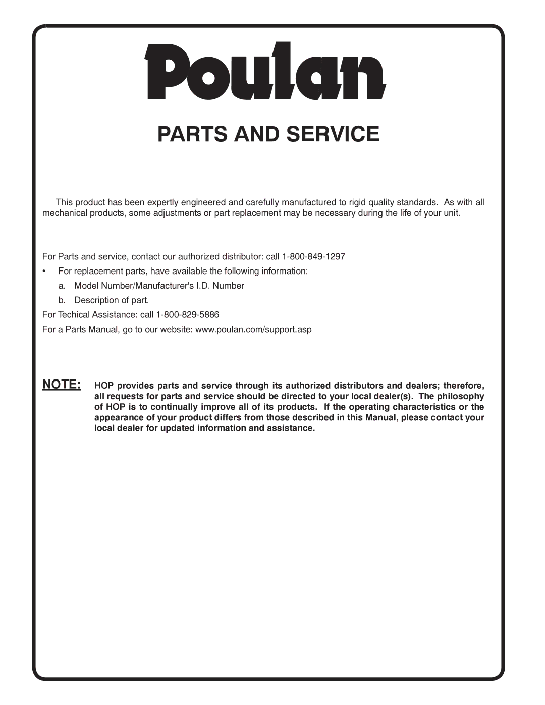 Poulan 96012006802, 414754 manual Parts and Service 