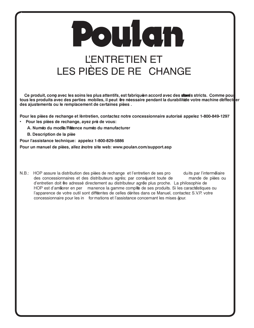 Poulan 414754, 96012006802 manual Changere DE Pièces LES ET L’ENTRETIEN 