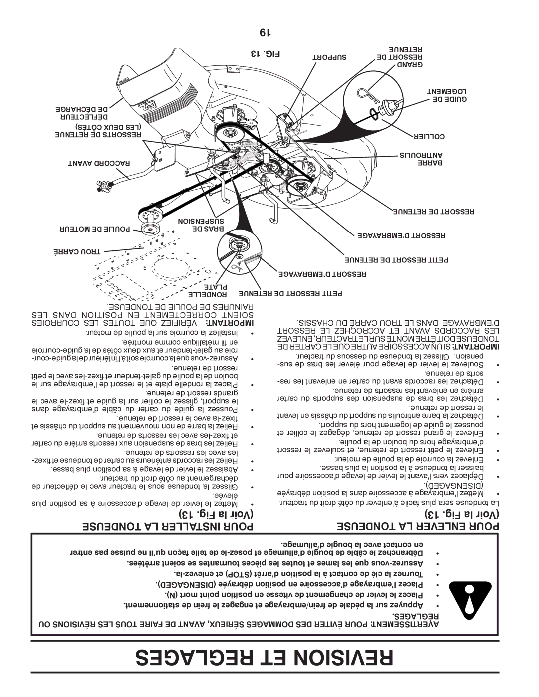 Poulan 96012006802, 414754 manual Reglages ET Revision, Tondeuse LA Installer Pour, Tondeuse LA Enlever Pour 