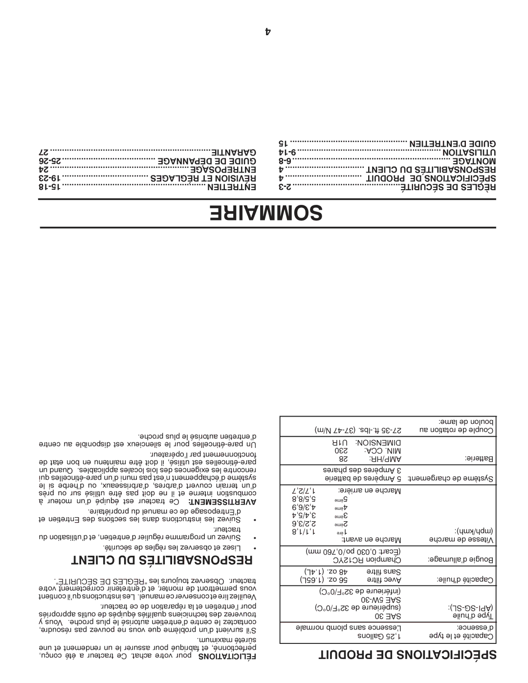 Poulan 414754, 96012006802 manual Sommaire, Client DU Responsabilités, Produit DE Spécifications 