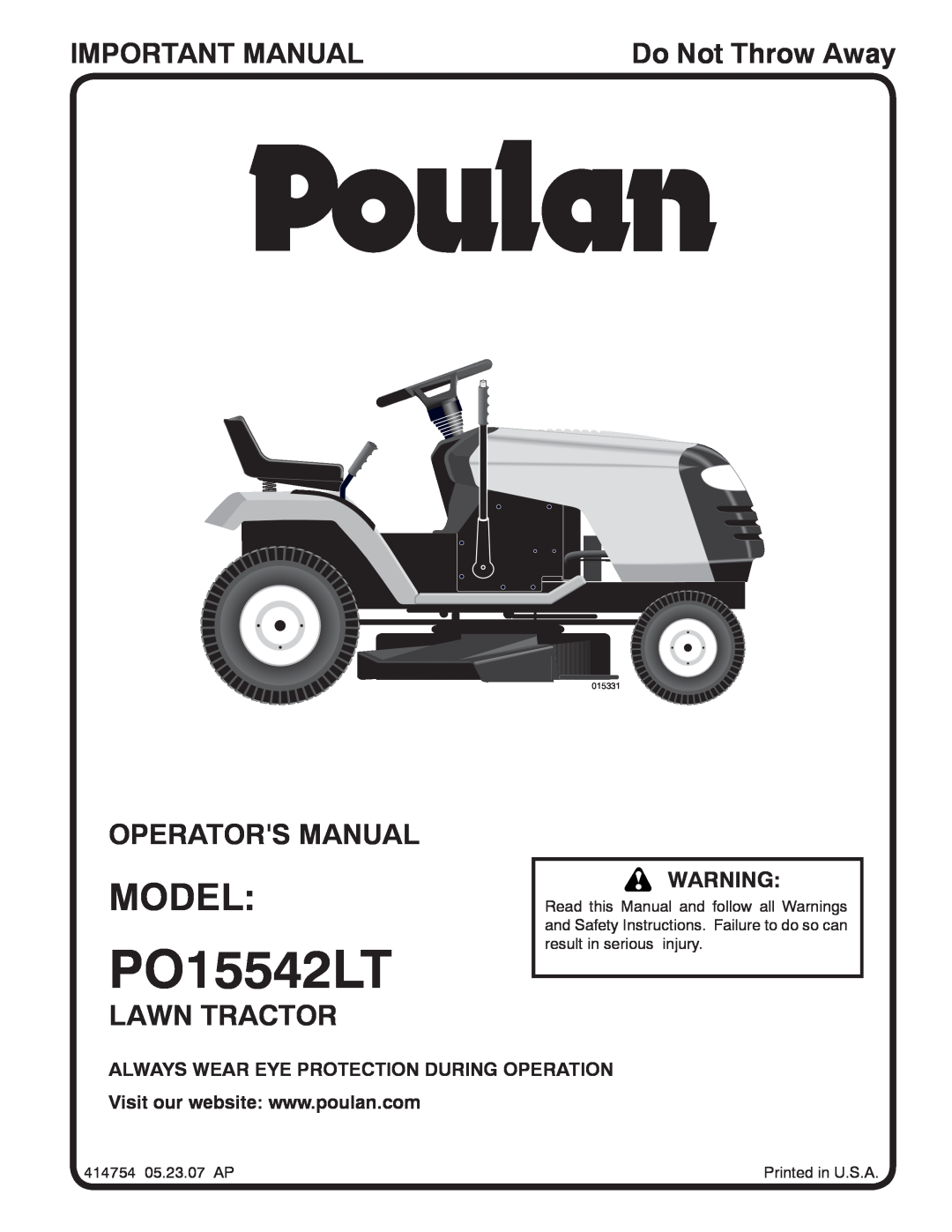 Poulan 414754 manual Model, Important Manual, Operators Manual, Lawn Tractor, Do Not Throw Away, PO15542LT, 015331 