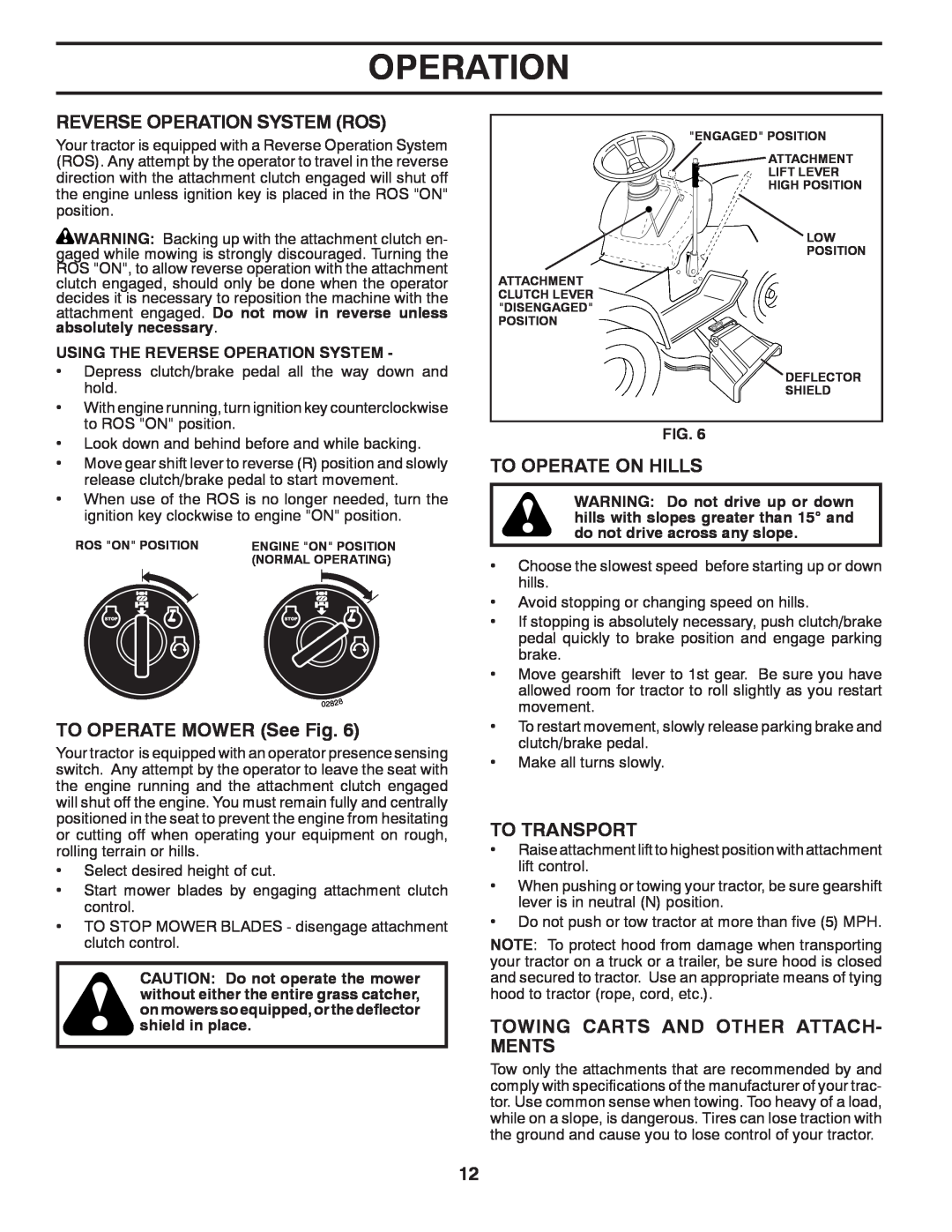 Poulan 96012006802, 414754 manual Reverse Operation System Ros, TO OPERATE MOWER See Fig, To Operate On Hills, To Transport 