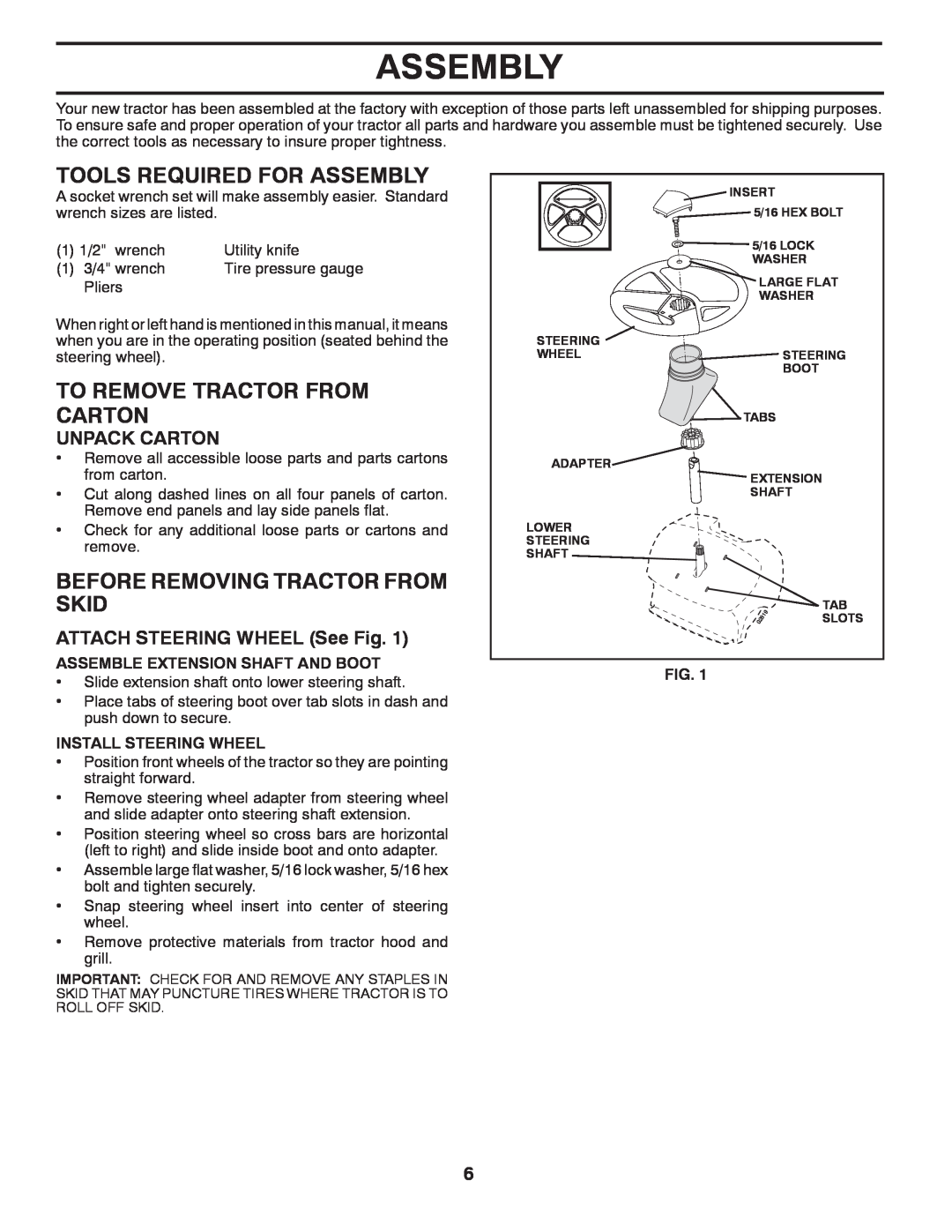 Poulan 96012006802 manual Tools Required For Assembly, To Remove Tractor From Carton, Before Removing Tractor From Skid 